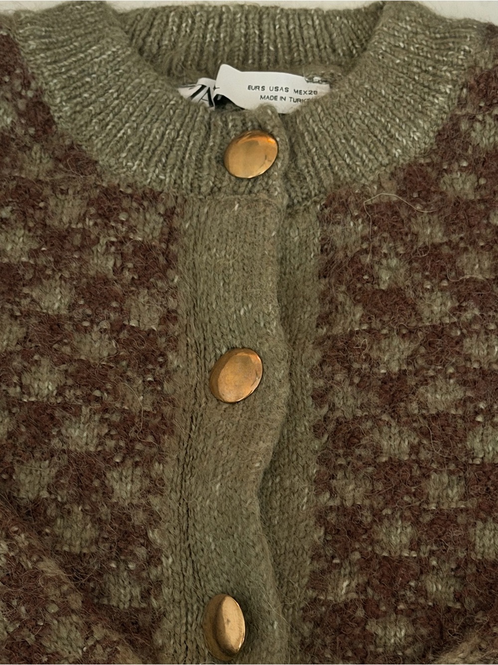 Zara Olive & Brown Diamond-Pattern Bomber Cardigan Jacket - Picture 3 of 5